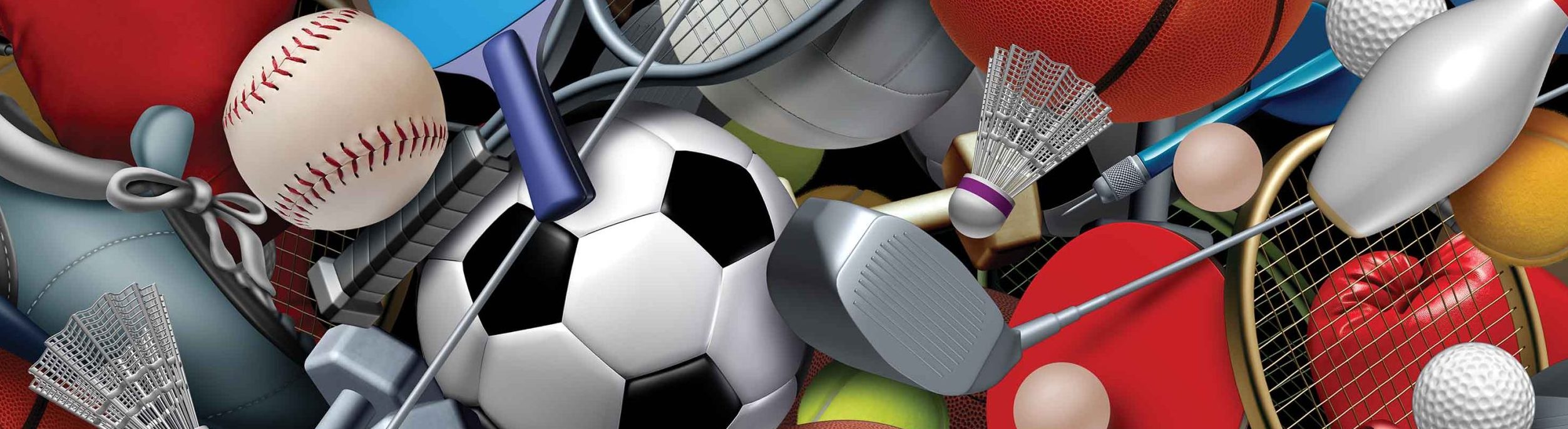 Sports equipment with a football basketball baseball soccer tennis and golf ball including ping pong tennis hockey puck as healthy recreation and leisure fun activities with 3D illustration elements.